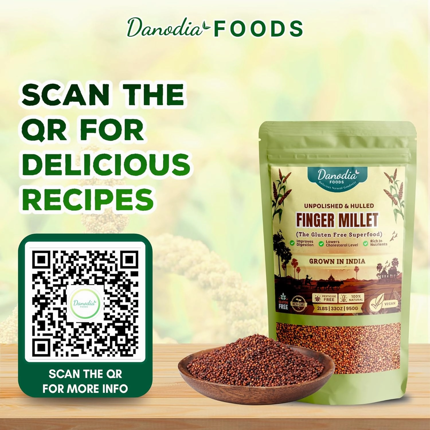 Danodia Foods Whole Grain Finger Millet (Ragi) - 2lbs (950g) | Organic, Hulled, Unpolished, Gluten-Free, Natural Superfood | High in Iron, Calcium, Fiber & Protein | Non-GMO, Plant-Based, Low GI