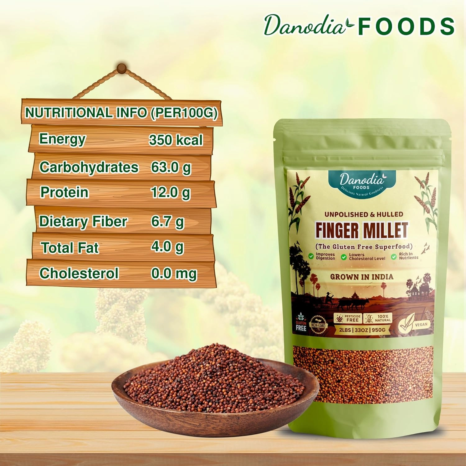 Danodia Foods Whole Grain Finger Millet (Ragi) - 2lbs (950g) | Organic, Hulled, Unpolished, Gluten-Free, Natural Superfood | High in Iron, Calcium, Fiber & Protein | Non-GMO, Plant-Based, Low GI