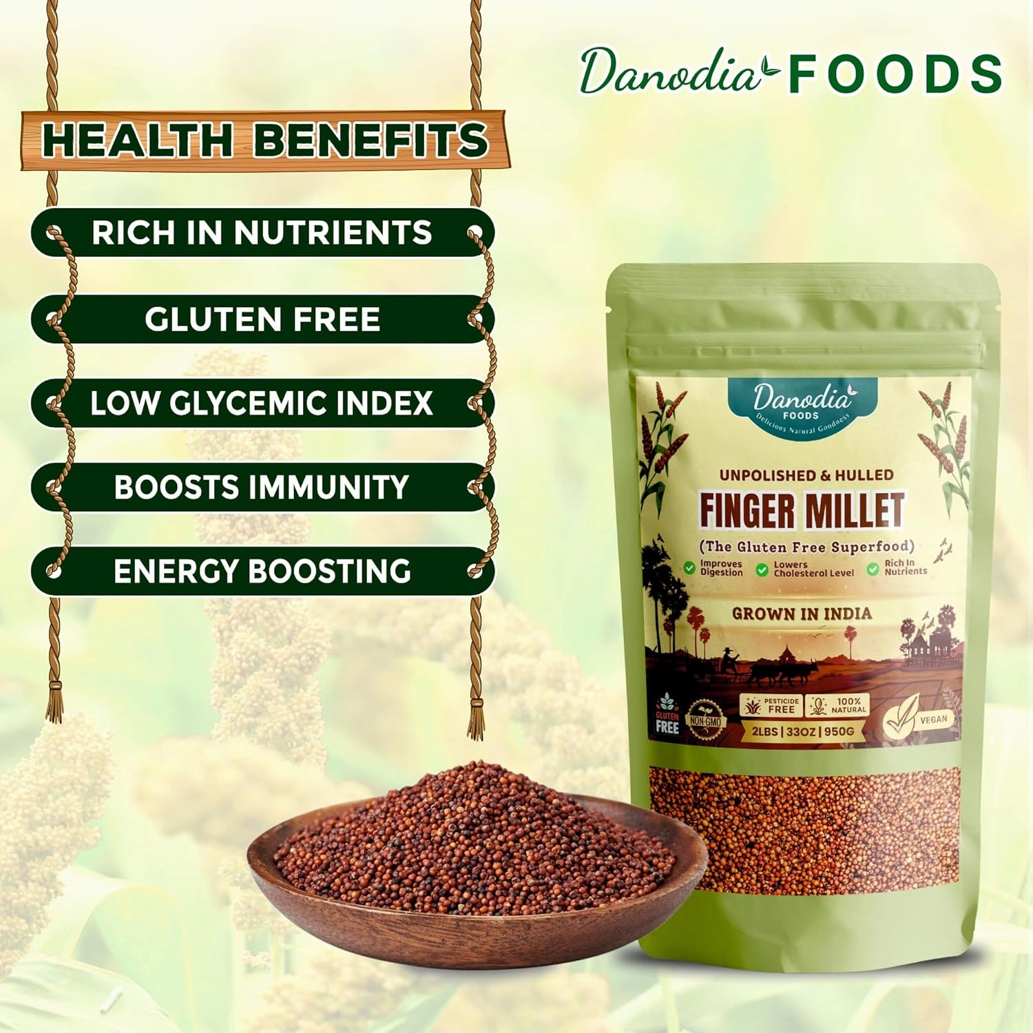 Danodia Foods Whole Grain Finger Millet (Ragi) - 2lbs (950g) | Organic, Hulled, Unpolished, Gluten-Free, Natural Superfood | High in Iron, Calcium, Fiber & Protein | Non-GMO, Plant-Based, Low GI