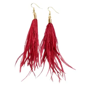 Dark Red Ostrich Feather Earrings on Gold-Plated Ear Wires 5 inches long