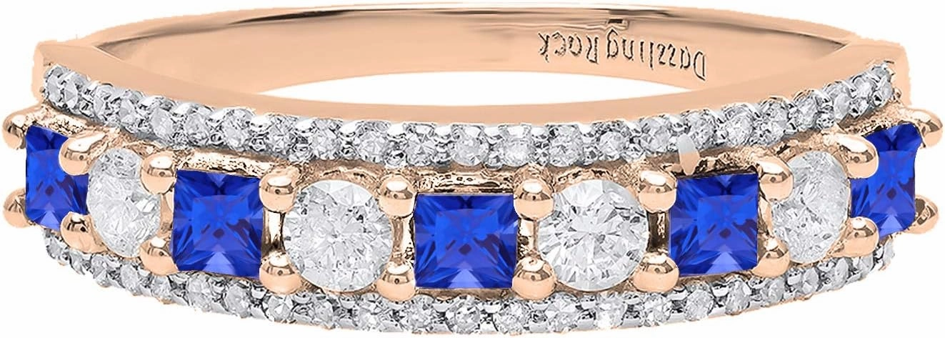 Dazzlingrock Collection 10K Princess Lab Created Gemstone & Round White Diamond Ladies Anniversary Wedding Band, Rose Gold