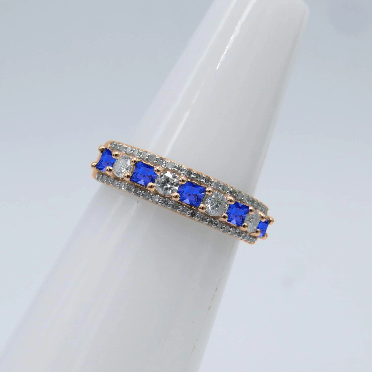 Dazzlingrock Collection 10K Princess Lab Created Gemstone & Round White Diamond Ladies Anniversary Wedding Band, Rose Gold