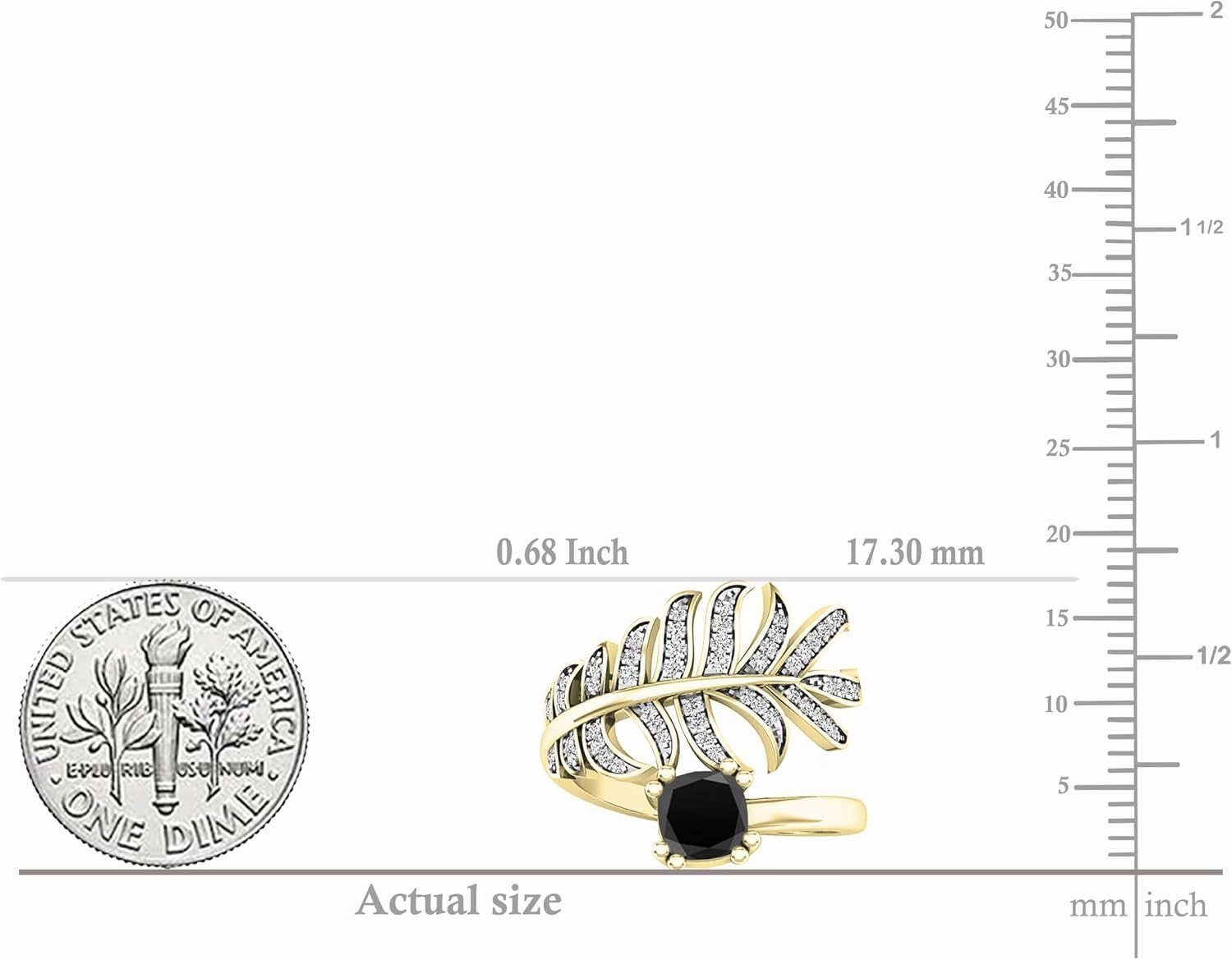 Dazzlingrock Collection 14K Solid Gold 5mm Cushion Black Sapphire & Round White Diamond Womens Palm Leaf Right Hand Ring