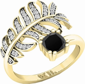 Dazzlingrock Collection 14K Solid Gold 5mm Cushion Black Sapphire & Round White Diamond Womens Palm Leaf Right Hand Ring