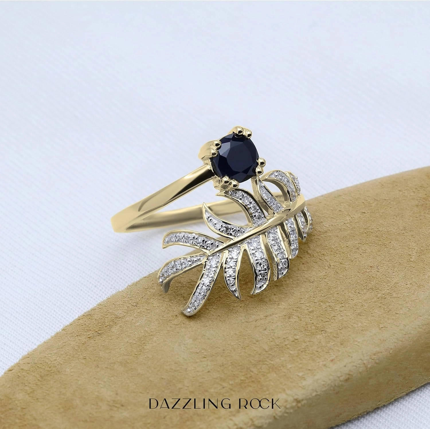 Dazzlingrock Collection 14K Solid Gold 5mm Cushion Black Sapphire & Round White Diamond Womens Palm Leaf Right Hand Ring
