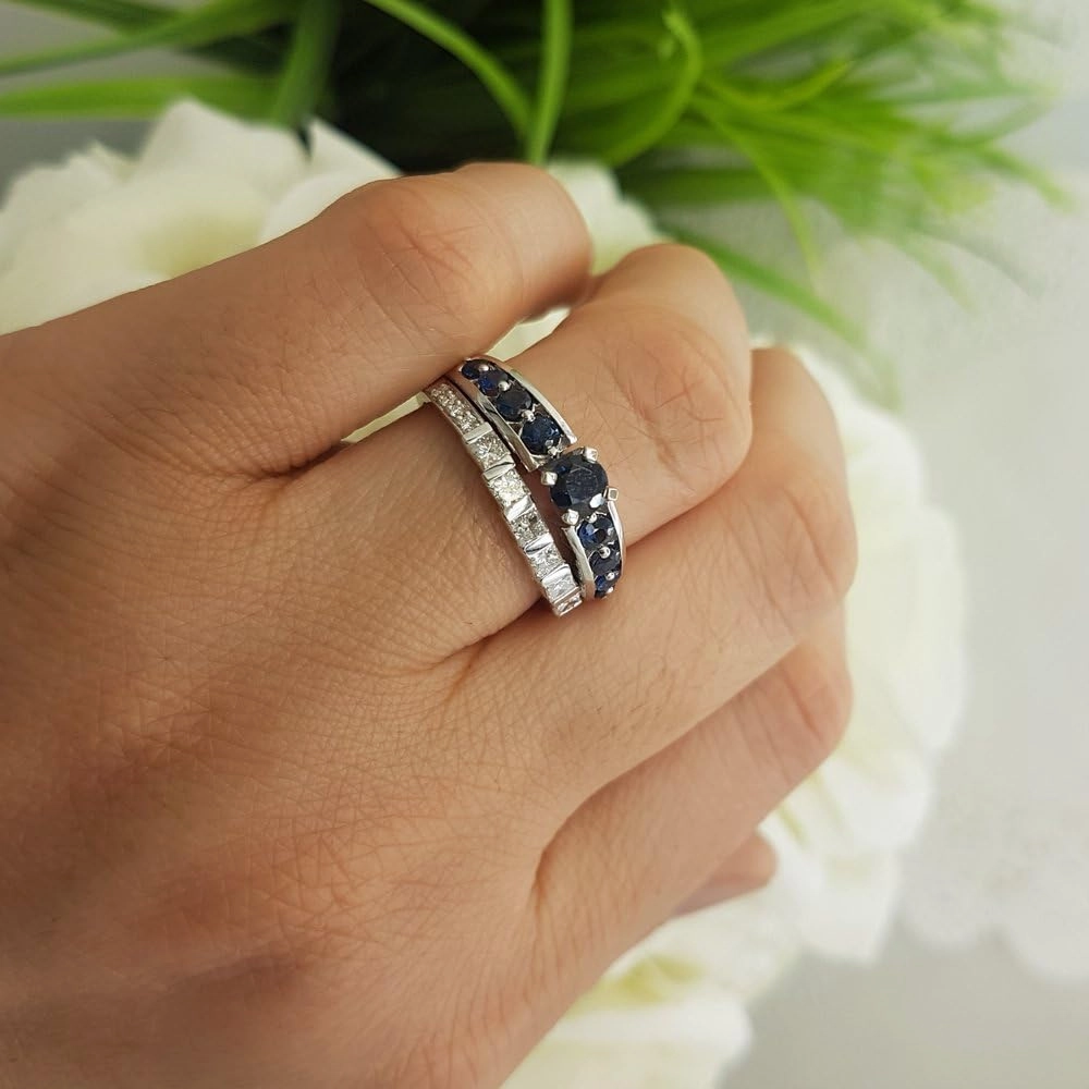 Dazzlingrock Collection 14K Solid Gold Princess & Round White Diamond & Blue Sapphire Womens Bridal Engagement Set
