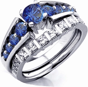 Dazzlingrock Collection 14K Solid Gold Princess & Round White Diamond & Blue Sapphire Womens Bridal Engagement Set