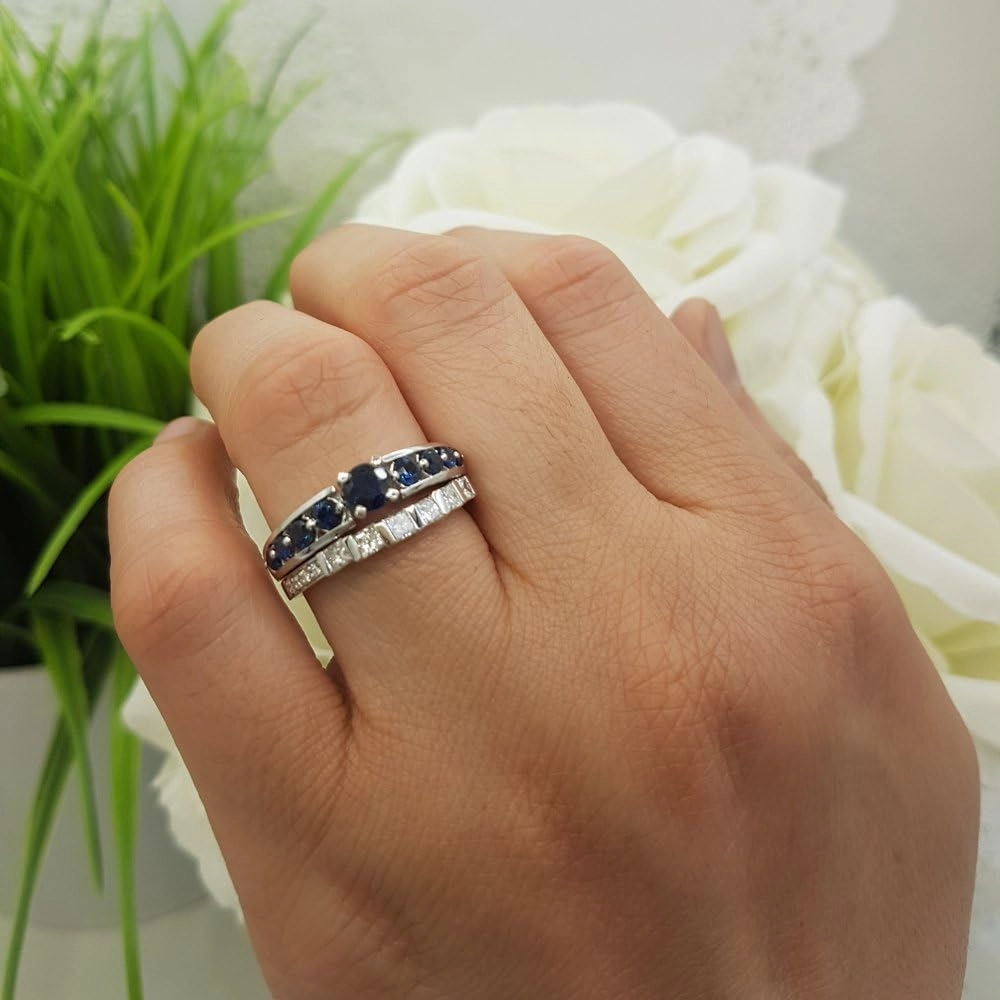 Dazzlingrock Collection 14K Solid Gold Princess & Round White Diamond & Blue Sapphire Womens Bridal Engagement Set