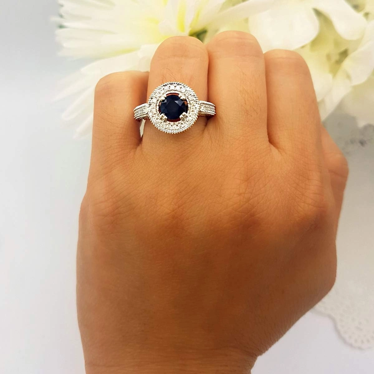 Dazzlingrock Collection 18K Round Blue Sapphire & White Diamond Vintage Halo Engagement Bridal Ring, Solid White Gold