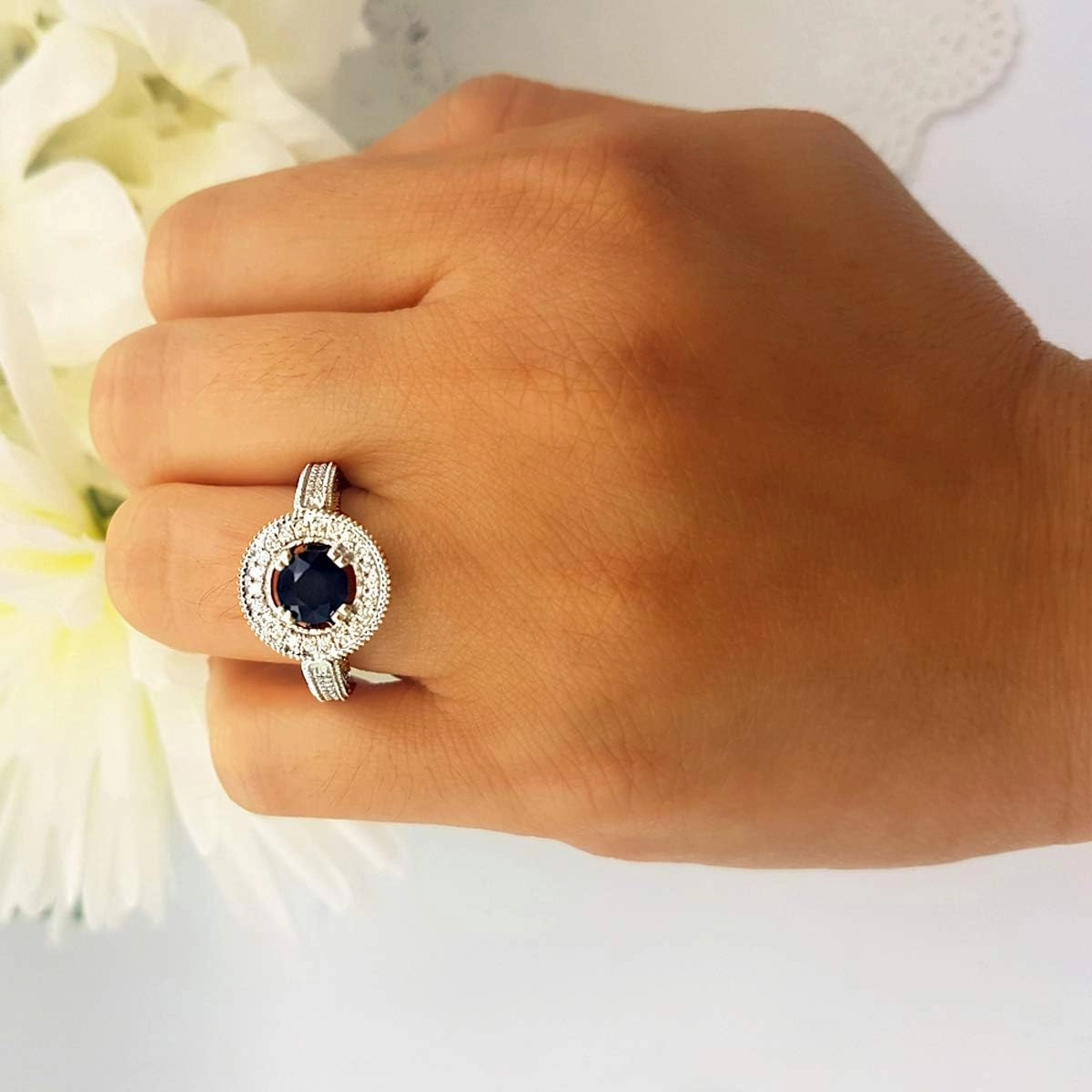 Dazzlingrock Collection 18K Round Blue Sapphire & White Diamond Vintage Halo Engagement Bridal Ring, Solid White Gold