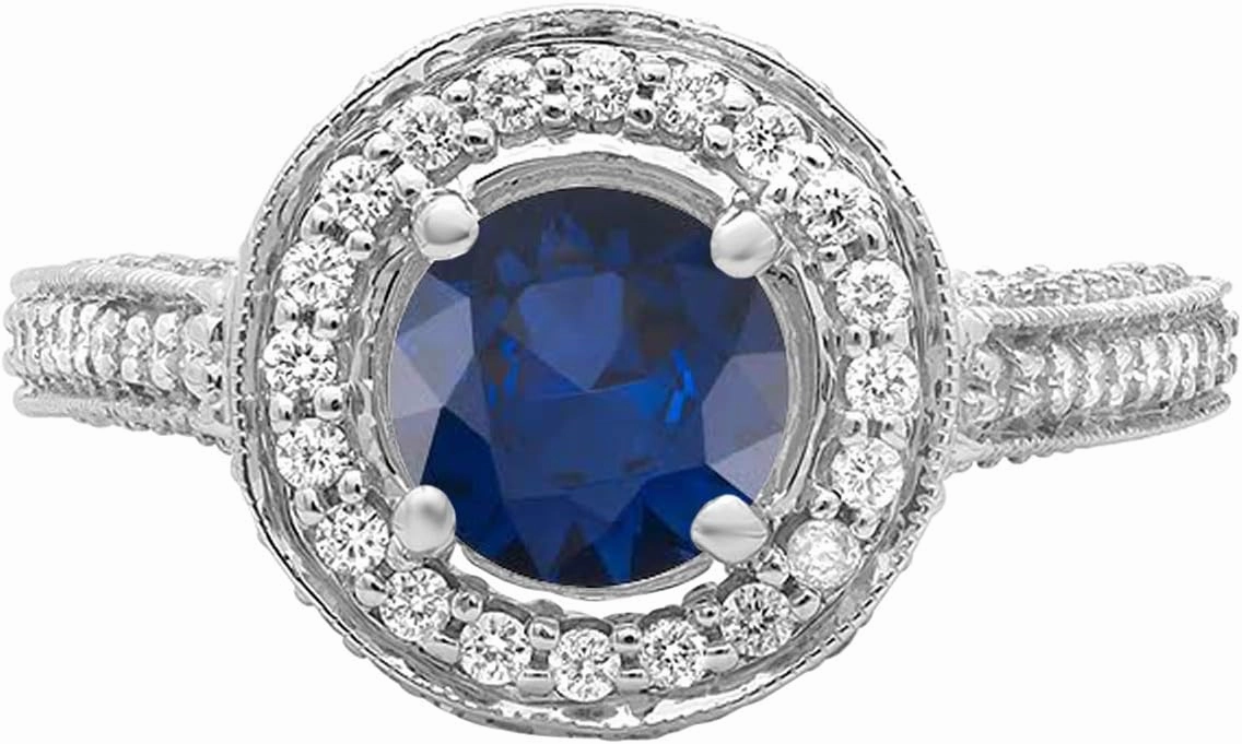 Dazzlingrock Collection 18K Round Blue Sapphire & White Diamond Vintage Halo Engagement Bridal Ring, Solid White Gold