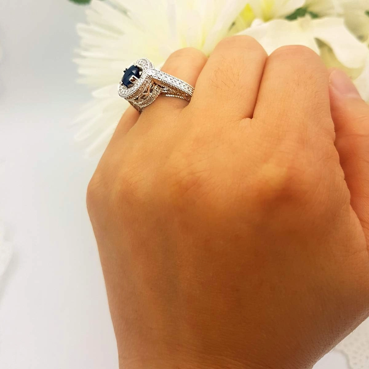 Dazzlingrock Collection 18K Round Blue Sapphire & White Diamond Vintage Halo Engagement Bridal Ring, Solid White Gold