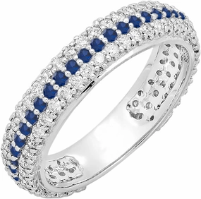 Dazzlingrock Collection Round Blue Sapphire & Diamond Womens Pave Set Anniversary Wedding Eternity Band, 14K Solid White Gold