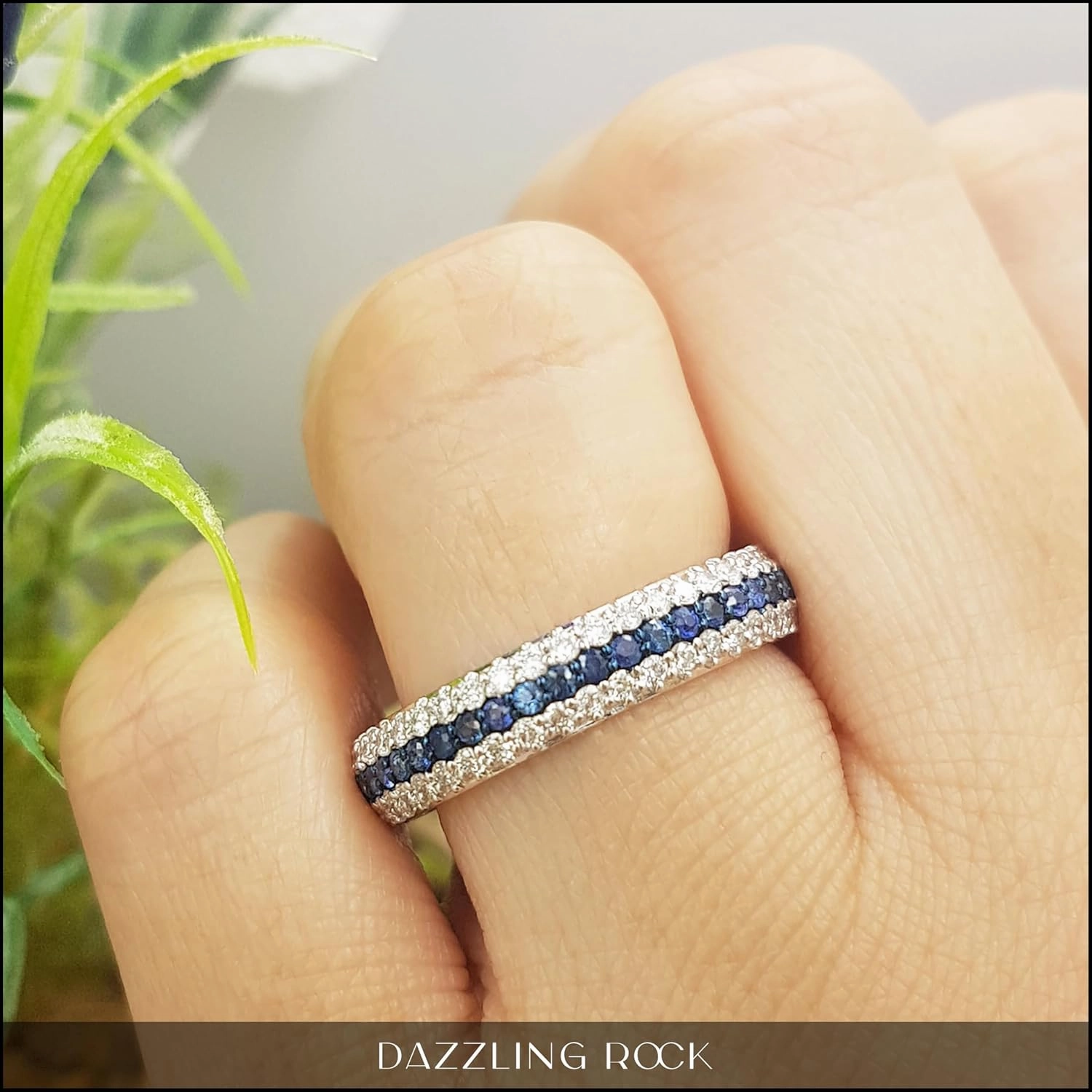 Dazzlingrock Collection Round Blue Sapphire & Diamond Womens Pave Set Anniversary Wedding Eternity Band, 14K Solid White Gold