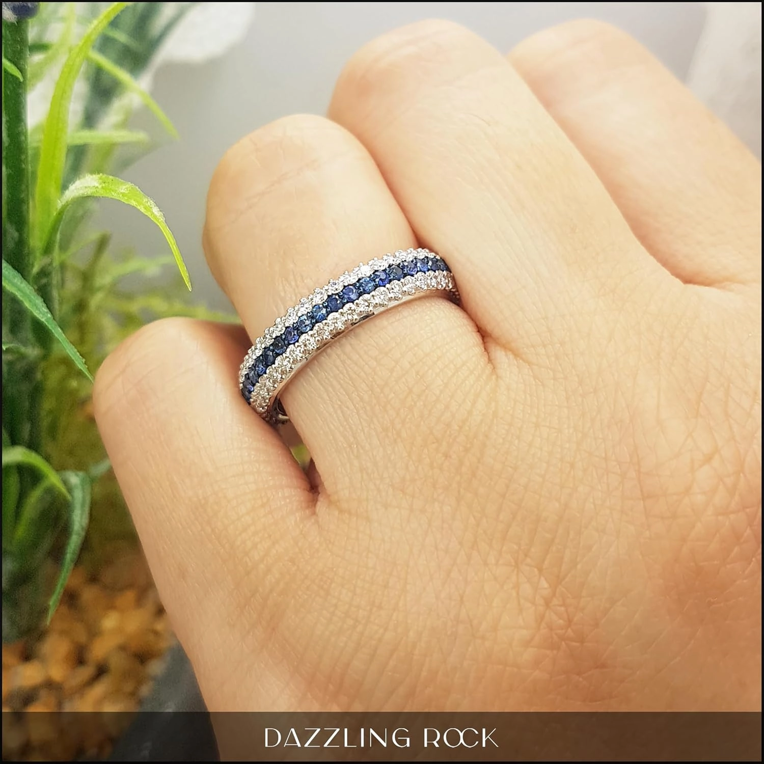 Dazzlingrock Collection Round Blue Sapphire & Diamond Womens Pave Set Anniversary Wedding Eternity Band, 14K Solid White Gold
