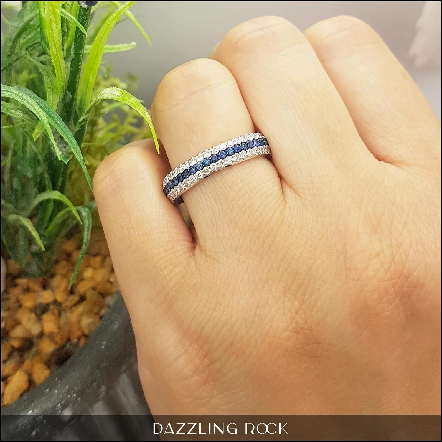 Dazzlingrock Collection Round Blue Sapphire & Diamond Womens Pave Set Anniversary Wedding Eternity Band, 14K Solid White Gold