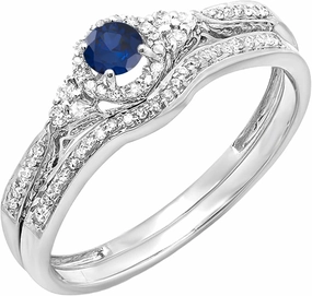 Dazzlingrock Collection Round Blue Sapphire And White Diamond Halo Bridal Engagement Ring Matching Band Set, 14K Solid White Gold