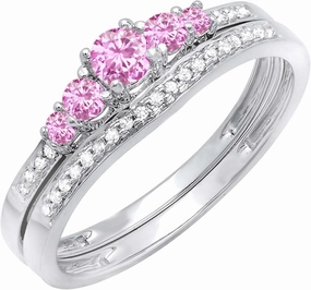 Dazzlingrock Collection Round Pink Sapphire And White Diamond 5 Stone Bridal Engagement Ring Matching Band Set, 14K Solid White Gold