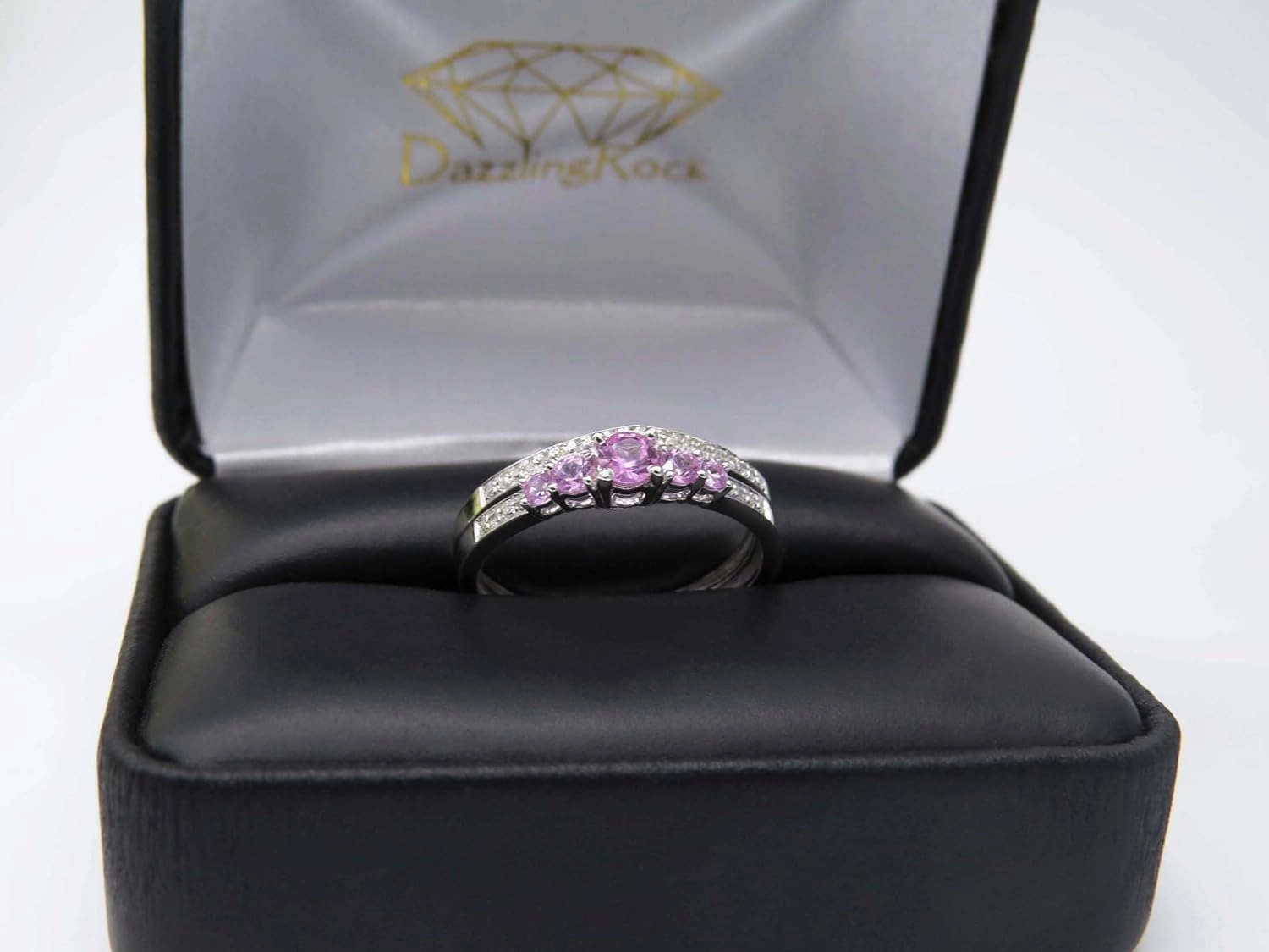 Dazzlingrock Collection Round Pink Sapphire And White Diamond 5 Stone Bridal Engagement Ring Matching Band Set, 14K Solid White Gold
