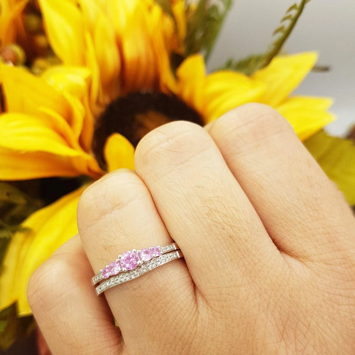 Dazzlingrock Collection Round Pink Sapphire And White Diamond 5 Stone Bridal Engagement Ring Matching Band Set, 14K Solid White Gold