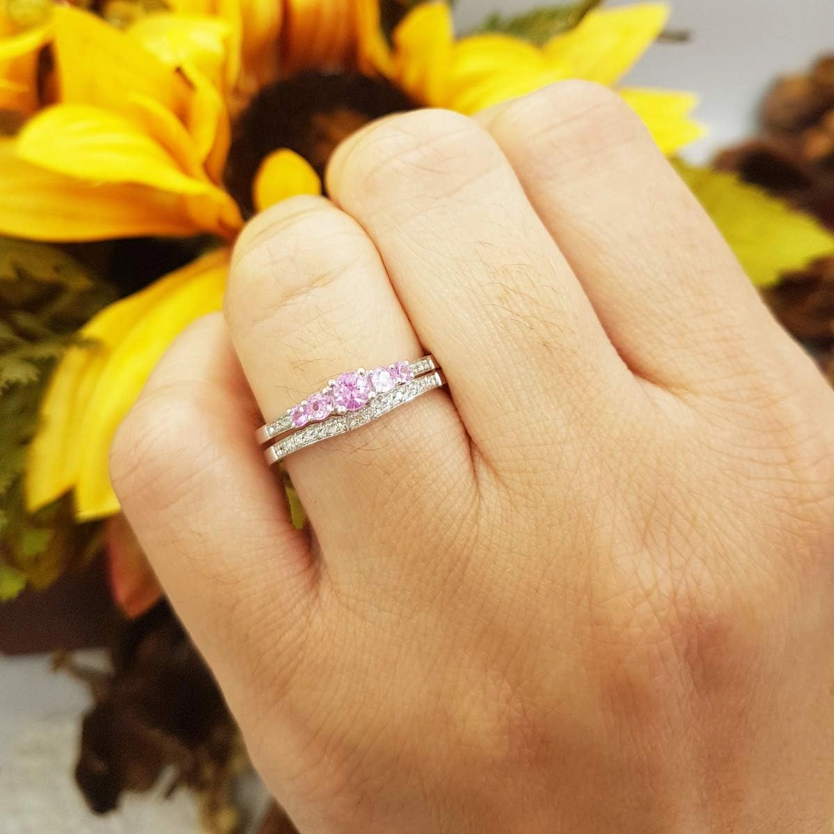 Dazzlingrock Collection Round Pink Sapphire And White Diamond 5 Stone Bridal Engagement Ring Matching Band Set, 14K Solid White Gold