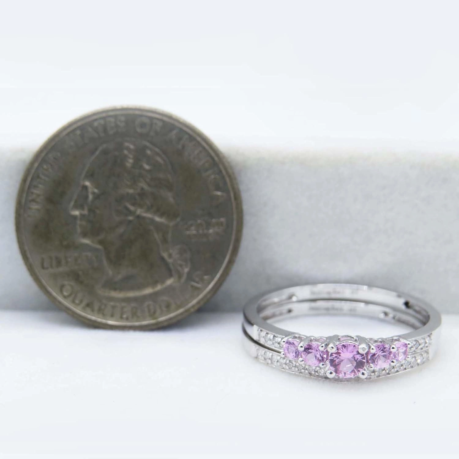Dazzlingrock Collection Round Pink Sapphire And White Diamond 5 Stone Bridal Engagement Ring Matching Band Set, 14K Solid White Gold