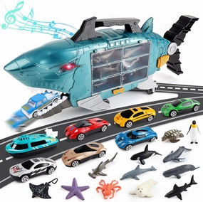 deAO Shark Toys Shark Truck with Animal Toys, 8 PCS Toy Trucks,Lights Music Effects,Birthday Gifts for Toddler Kids Boys Girls