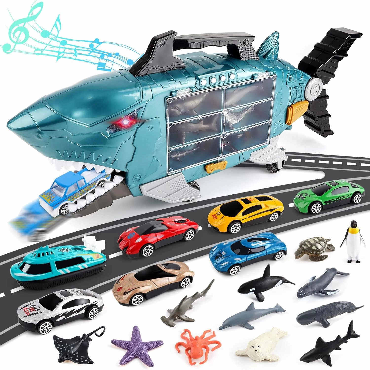 deAO Shark Toys Shark Truck with Animal Toys, 8 PCS Toy Trucks,Lights Music Effects,Birthday Gifts for Toddler Kids Boys Girls