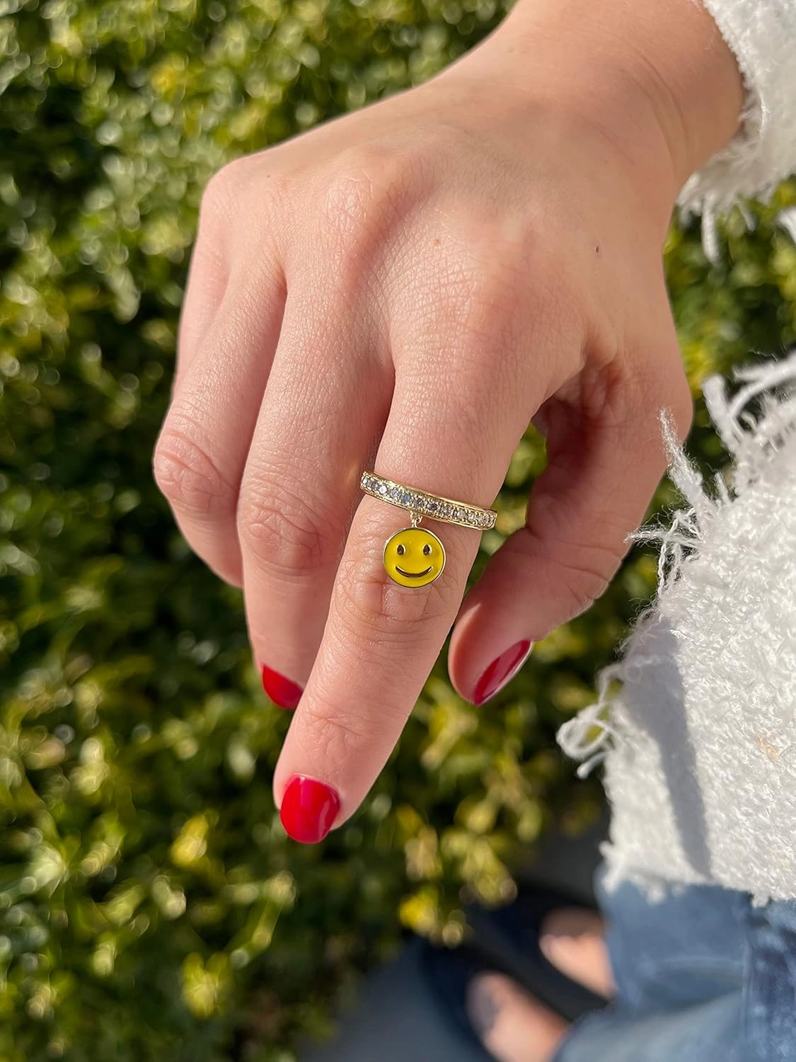 Diamond and Enamel Smiley Face Charm Band Ring or Bracelet or Stud Earrings for Women in 14k Yellow Gold Anniversary Ring Size 5 to 10.5 Round Earrings with Push Backs Lobster Claw Bracelet by LeVian