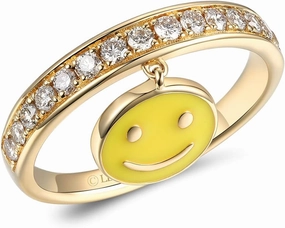 Diamond and Enamel Smiley Face Charm Band Ring or Bracelet or Stud Earrings for Women in 14k Yellow Gold Anniversary Ring Size 5 to 10.5 Round Earrings with Push Backs Lobster Claw Bracelet by LeVian