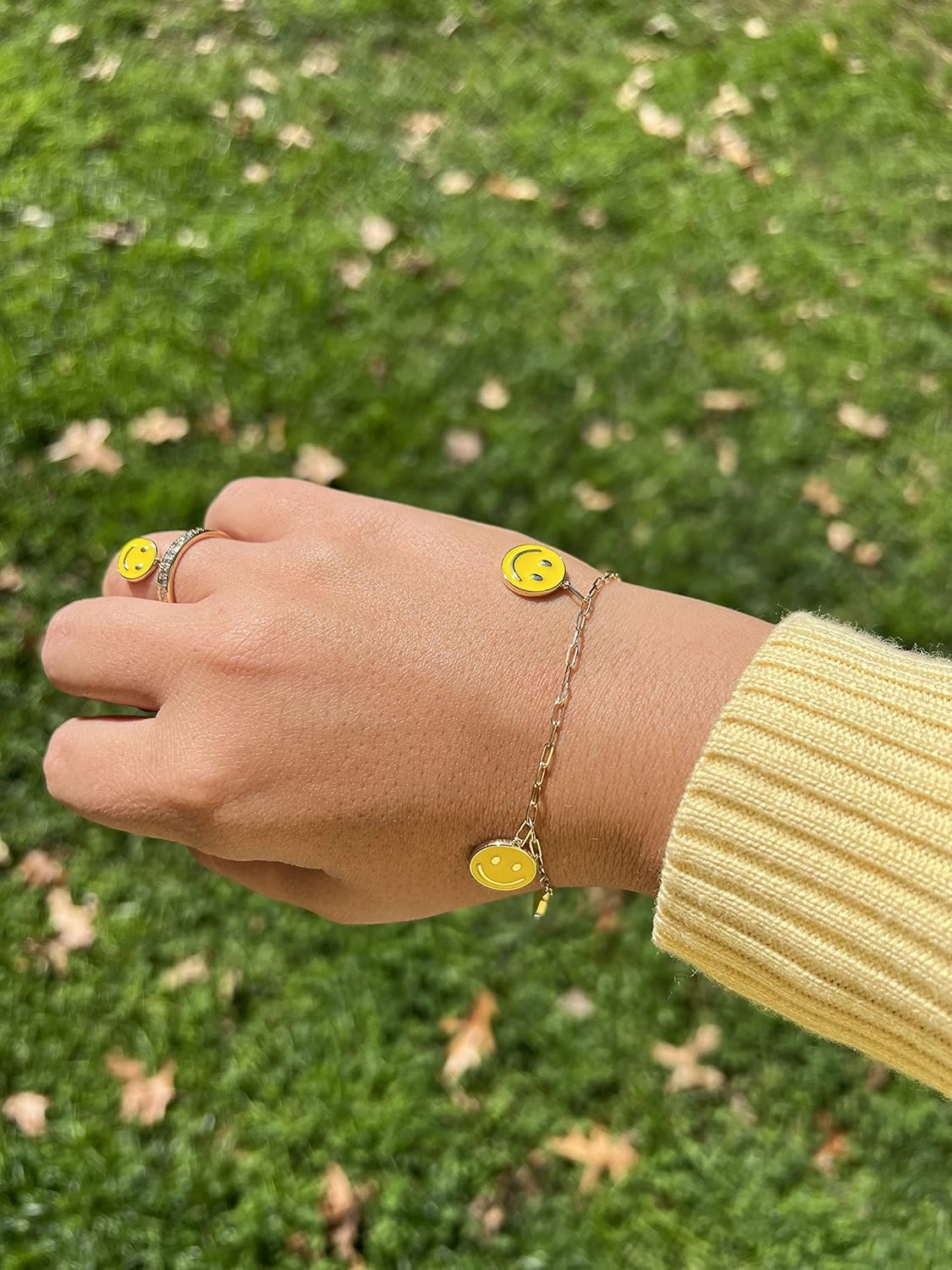 Diamond and Enamel Smiley Face Charm Band Ring or Bracelet or Stud Earrings for Women in 14k Yellow Gold Anniversary Ring Size 5 to 10.5 Round Earrings with Push Backs Lobster Claw Bracelet by LeVian