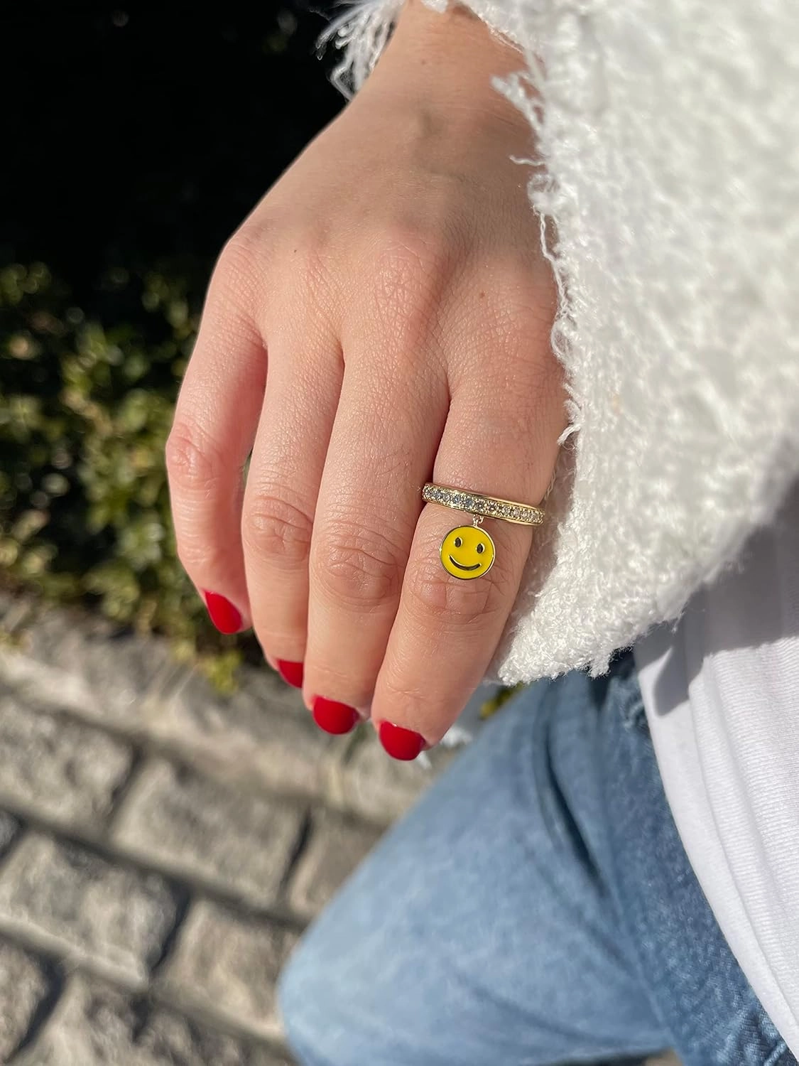 Diamond and Enamel Smiley Face Charm Band Ring or Bracelet or Stud Earrings for Women in 14k Yellow Gold Anniversary Ring Size 5 to 10.5 Round Earrings with Push Backs Lobster Claw Bracelet by LeVian