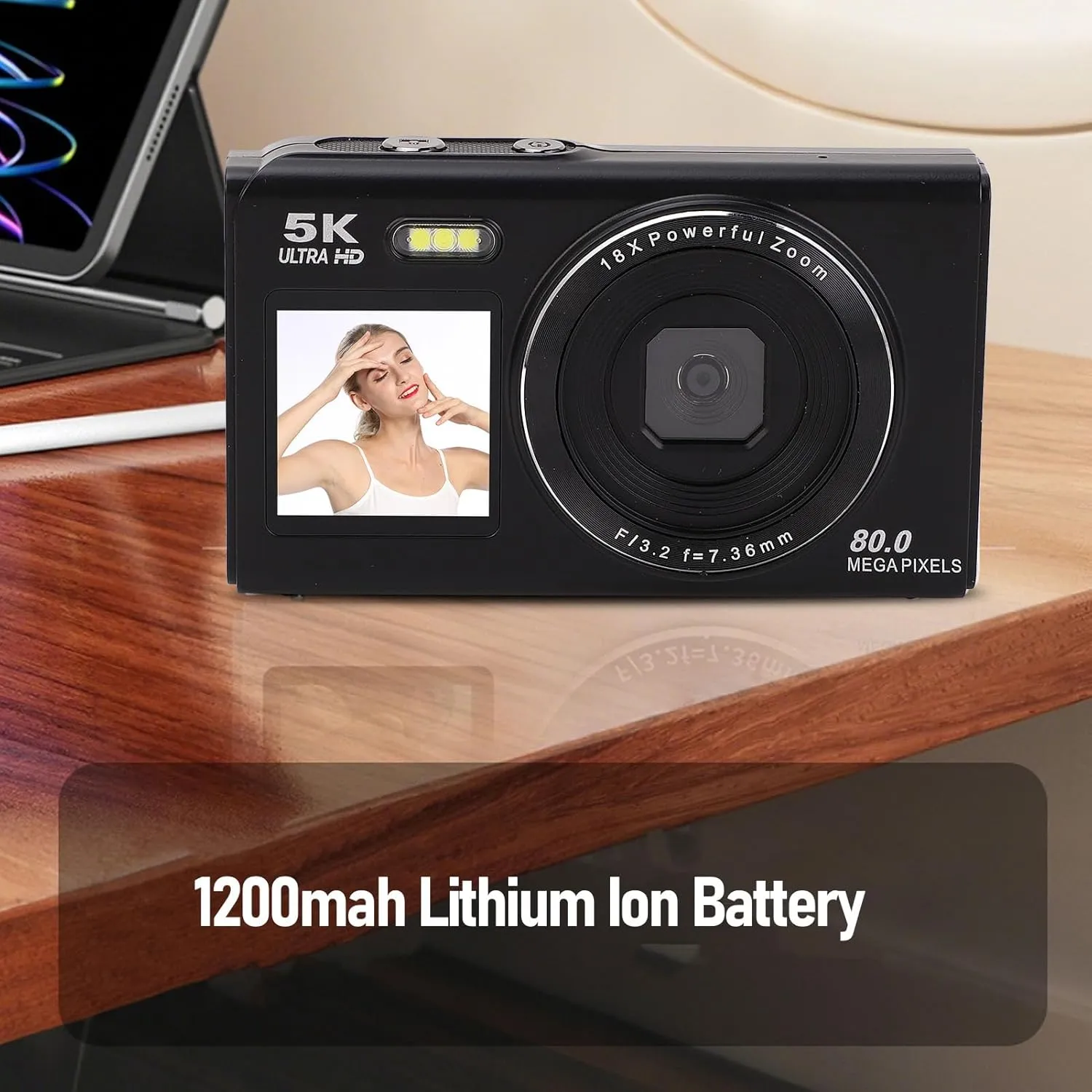 Digital Camera, 5k 80MP Dual Screens Camera, 2.8in 1.5in, Portable Small Point and Shoot Digital Cameras with 18X Zoom,WiFi Rechargeable Battery for Kids Teens Adult Beginner