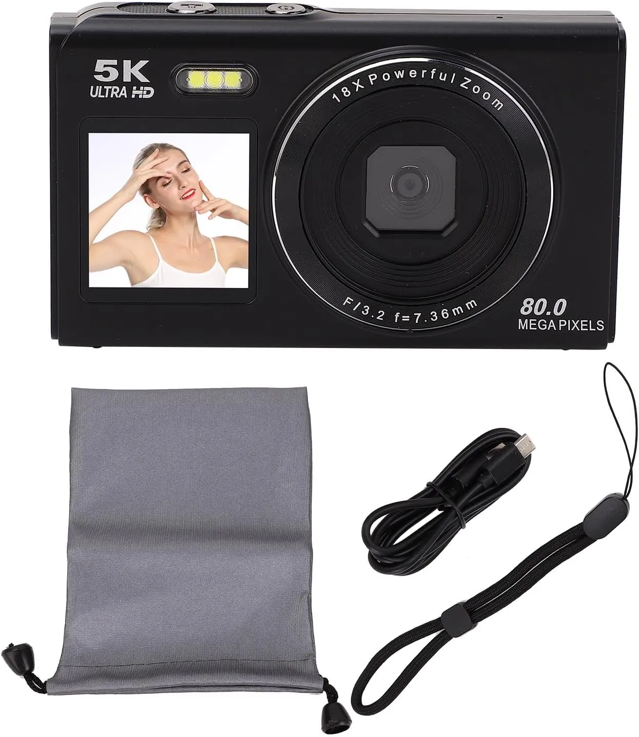 Digital Camera, 5k 80MP Dual Screens Camera, 2.8in 1.5in, Portable Small Point and Shoot Digital Cameras with 18X Zoom,WiFi Rechargeable Battery for Kids Teens Adult Beginner