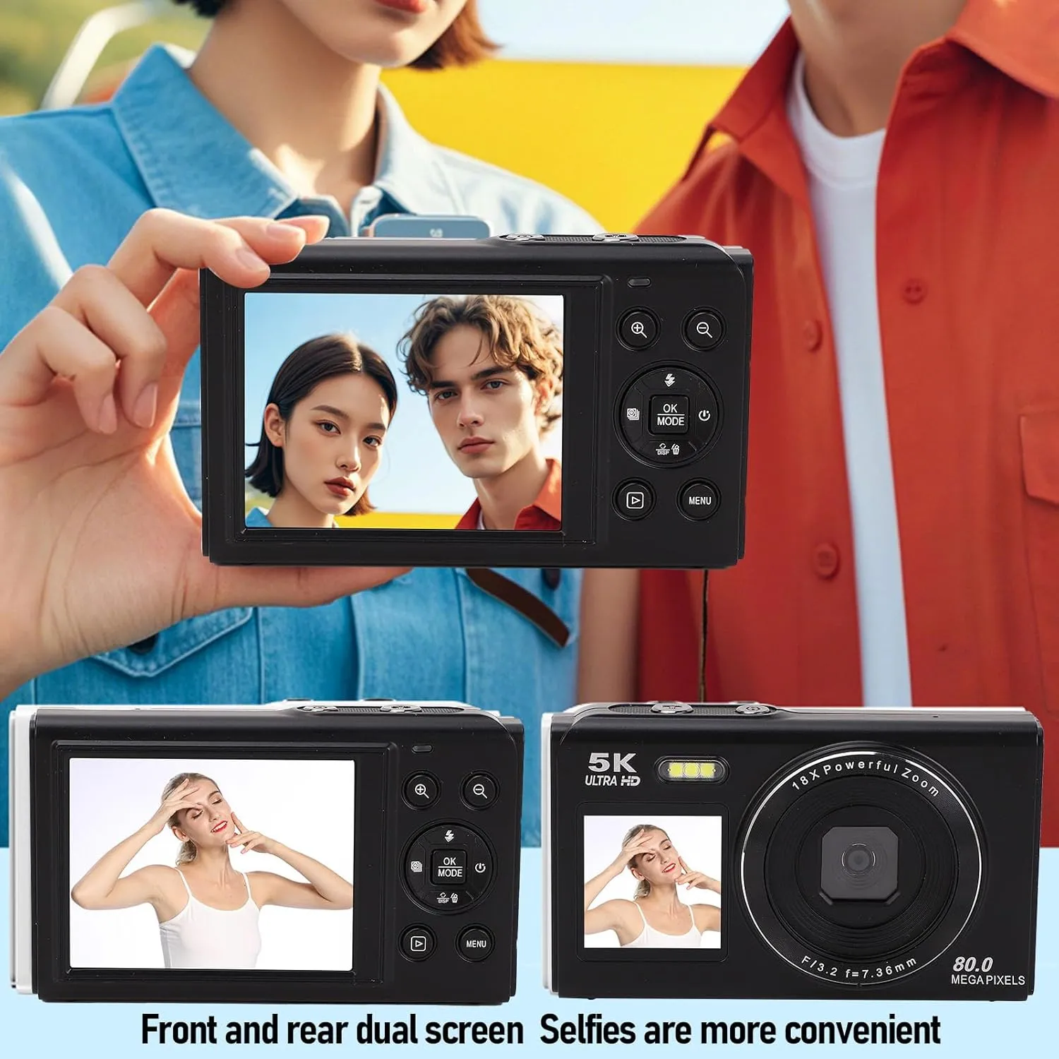 Digital Camera, 5k 80MP Dual Screens Camera, 2.8in 1.5in, Portable Small Point and Shoot Digital Cameras with 18X Zoom,WiFi Rechargeable Battery for Kids Teens Adult Beginner
