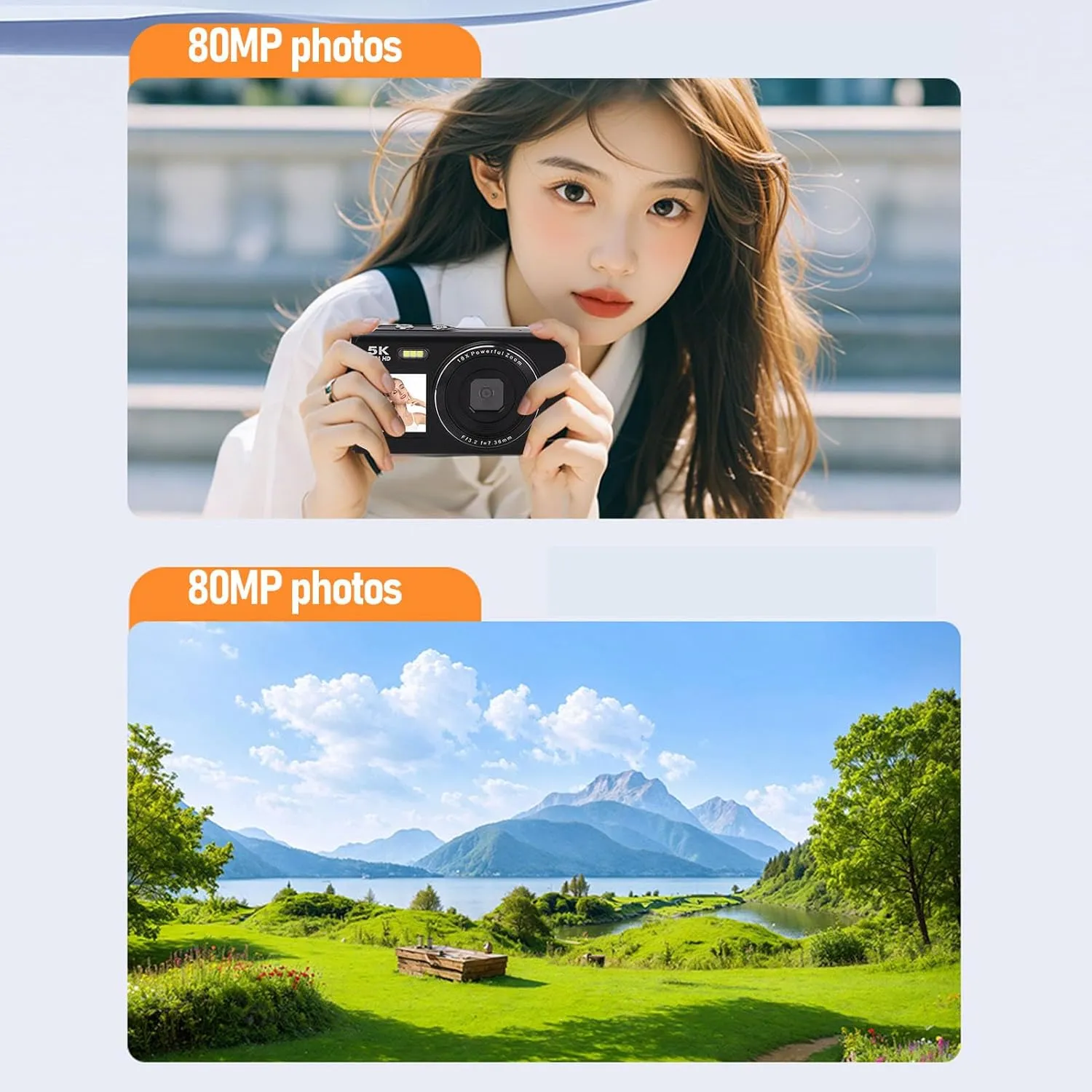 Digital Camera, 5k 80MP Dual Screens Camera, 2.8in 1.5in, Portable Small Point and Shoot Digital Cameras with 18X Zoom,WiFi Rechargeable Battery for Kids Teens Adult Beginner