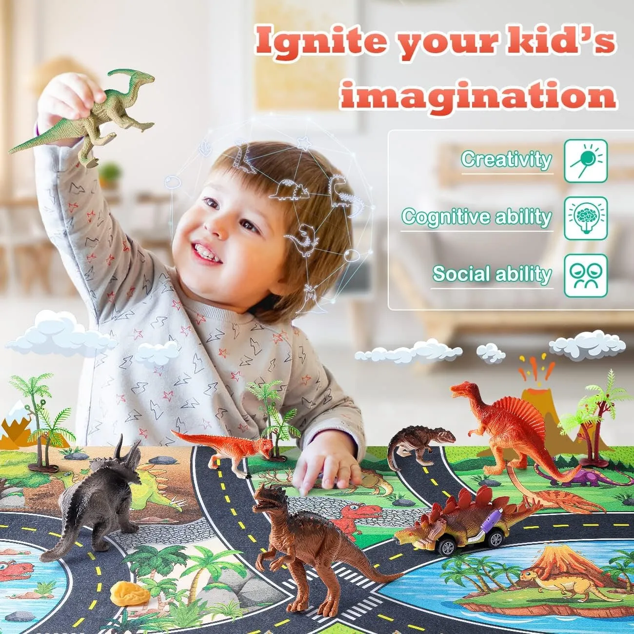 Dinosaur Toys for 3 4 5 Year Old Boys Gifts, Dinosaurs Toys for Kids 3-5-7, Dino Figures Activity Play Mat Christmas Birthday Gifts for Girls Toddler Toy Age 2-4