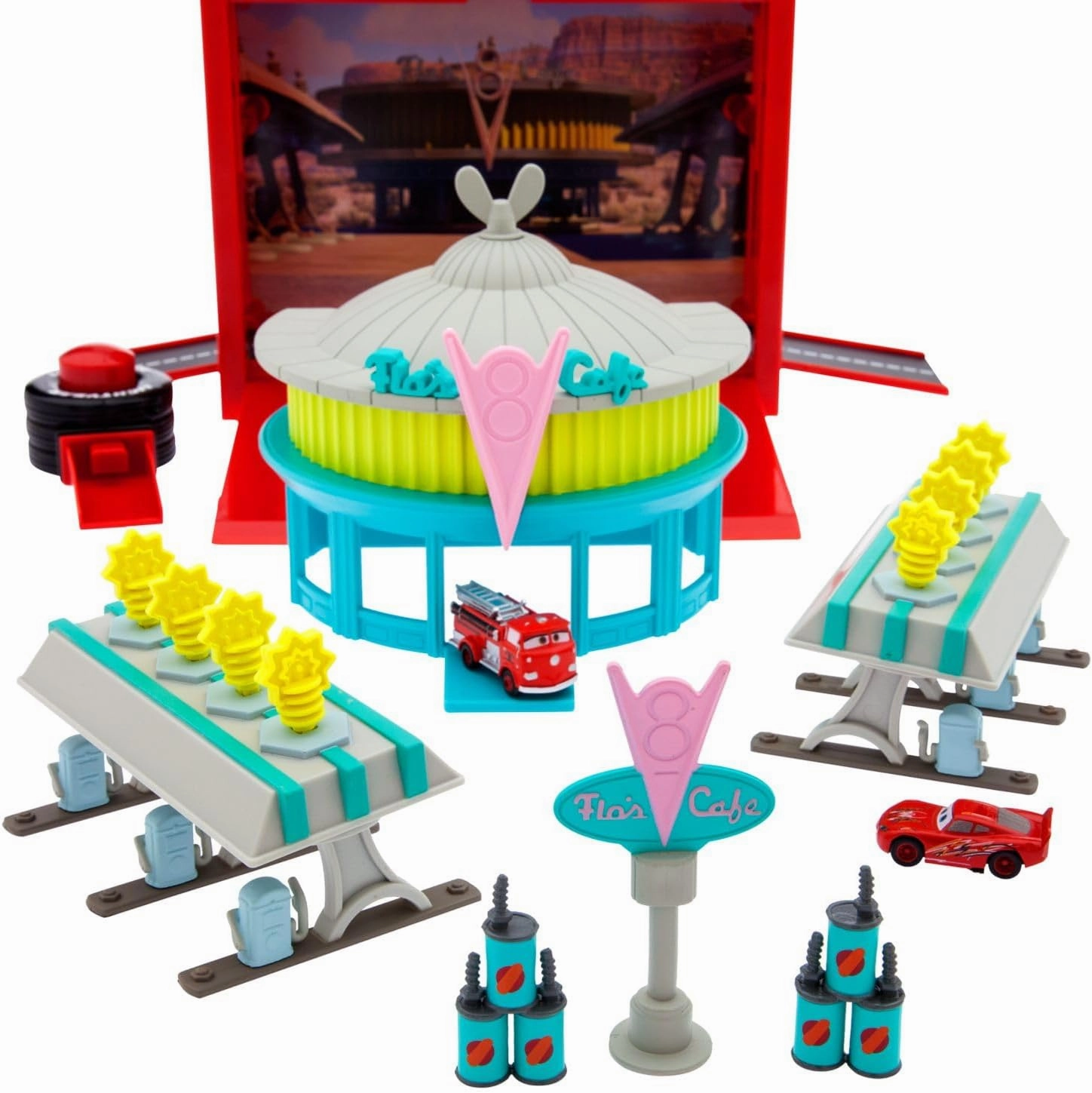 Disney Cars Disney Pixar Car Play Set - Toolbox Case with Lightning McQueen & Red Die Cast Cars, Launcher, Flo's V8 Cafe, Gas Pumps, Track & More - Inspired by Disney Pixar Cars Films & Cars Land