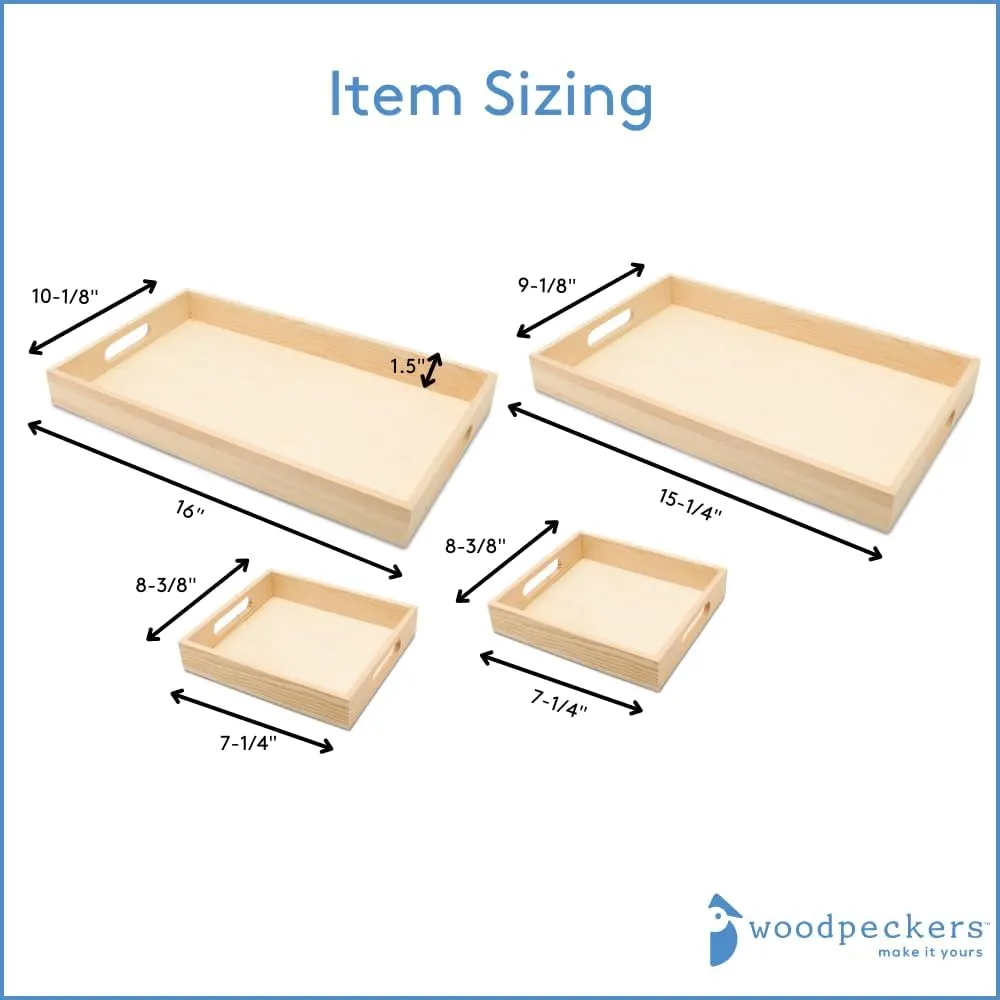 DIY Wooden Tray Set, Pack of 3 Sets of 4 Nesting Wood Tray with Handles for Crafts, Organizing, Serving, Home Decor, & Classroom Play, by Woodpeckers
