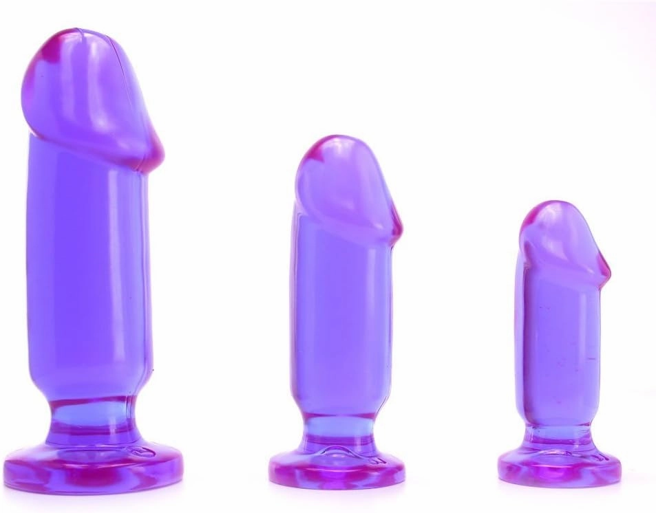 Doc Johnson Crystal Jellies - Starter Kit - For Graduated Anal Training - Ease Your Way Into Backdoor Pleasure - 3 Penis Shaped Plugs - Purple