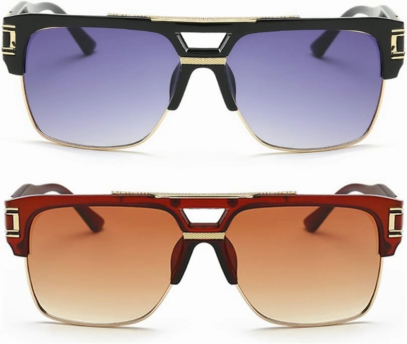 Dollger Square Sunglasses for Men Classic Oversized Sun Glasses Retro Semi Rimless Gold Alloy Frame UV400