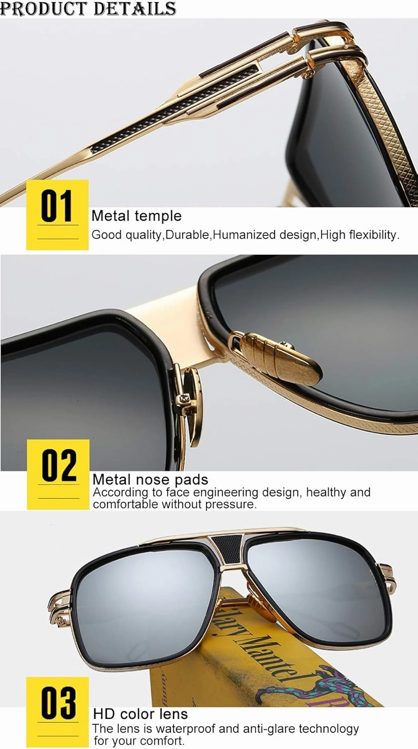 Dollger Sunglasses for Men Oversize Classic Black Shades Goggle Retro Gold Alloy Frame Sun Glasses