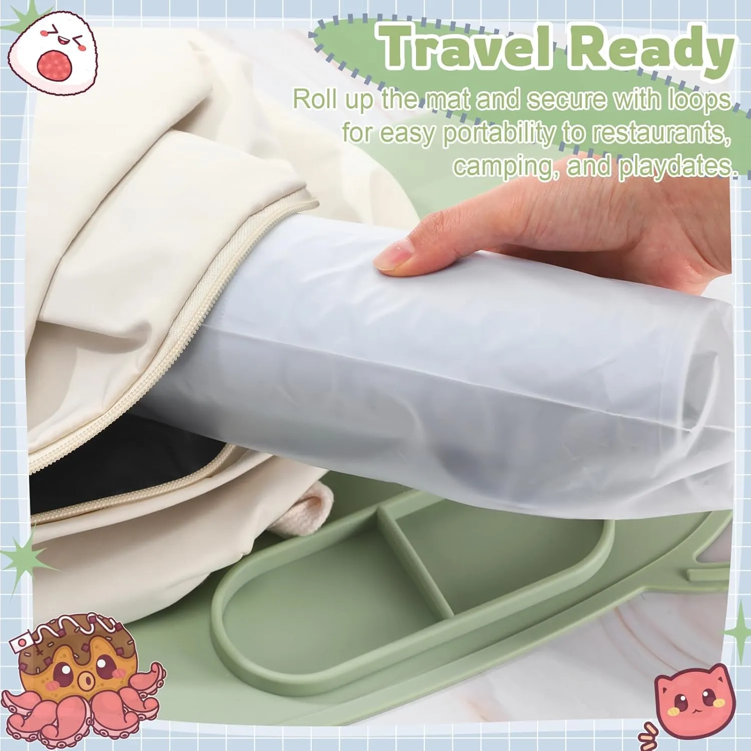 Domensi 2 Pack Silicone Suction Placemat with Teething Edge Bumper/spill for Baby Toddlers Kids with Storage Bag, Non-slip Dinning Table Mat, Dishwasher Safe for Table (Blue Green)