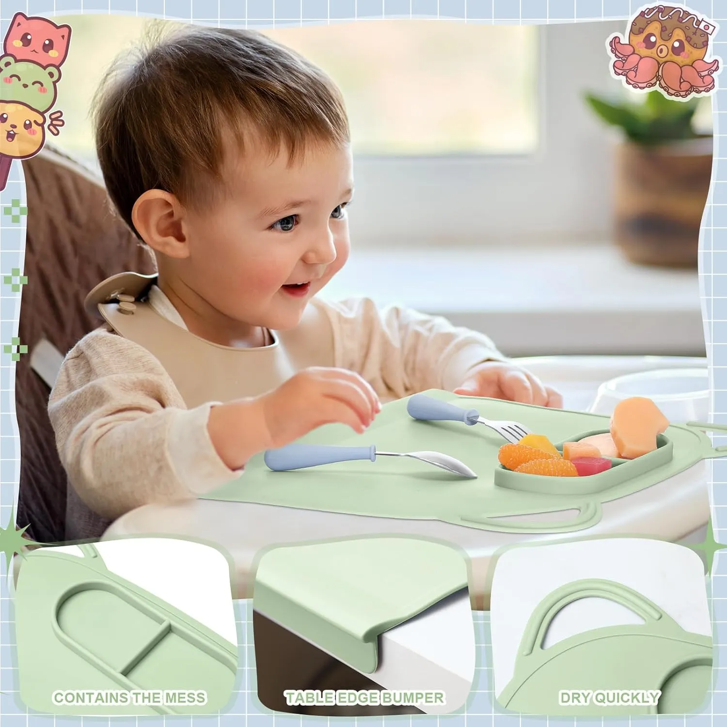 Domensi 2 Pack Silicone Suction Placemat with Teething Edge Bumper/spill for Baby Toddlers Kids with Storage Bag, Non-slip Dinning Table Mat, Dishwasher Safe for Table (Blue Green)