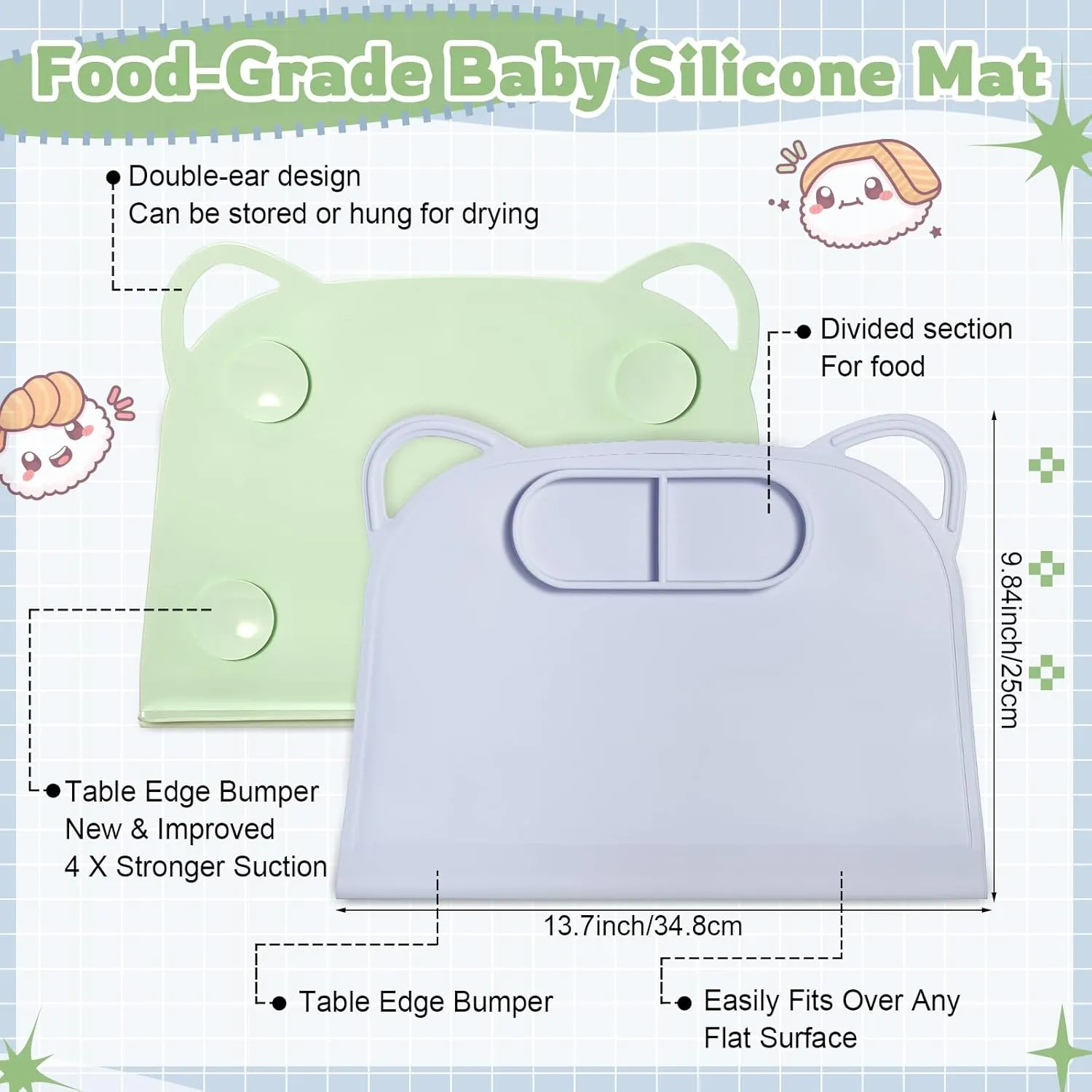 Domensi 2 Pack Silicone Suction Placemat with Teething Edge Bumper/spill for Baby Toddlers Kids with Storage Bag, Non-slip Dinning Table Mat, Dishwasher Safe for Table (Blue Green)