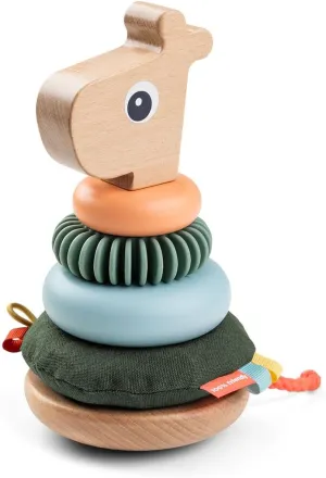 Done by Deer Raffi Stacking Tower - Colorful Wooden Ring Stacker Toy with Different Shapes and Textures for Sensory Stimulation and Motor Skill Development - Tilt Function and Pull Tail for Added Fun
