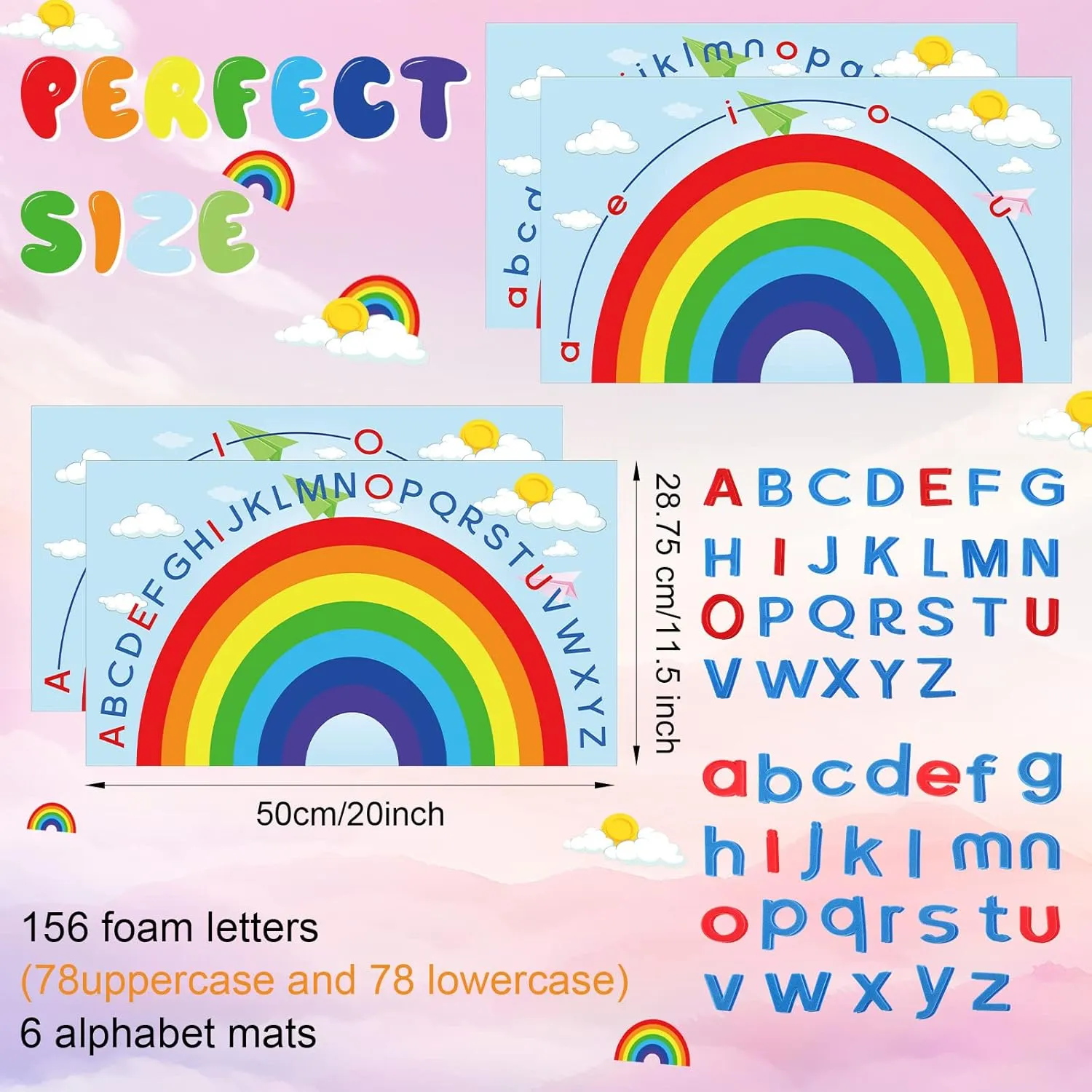 Double Sided Rainbow Play Alphabet Arch Mats Colorful Foam Letters ABC Educational Alphabet for Alphabet Recognition Activity Baby Toddlers Kids (6 Pcs)