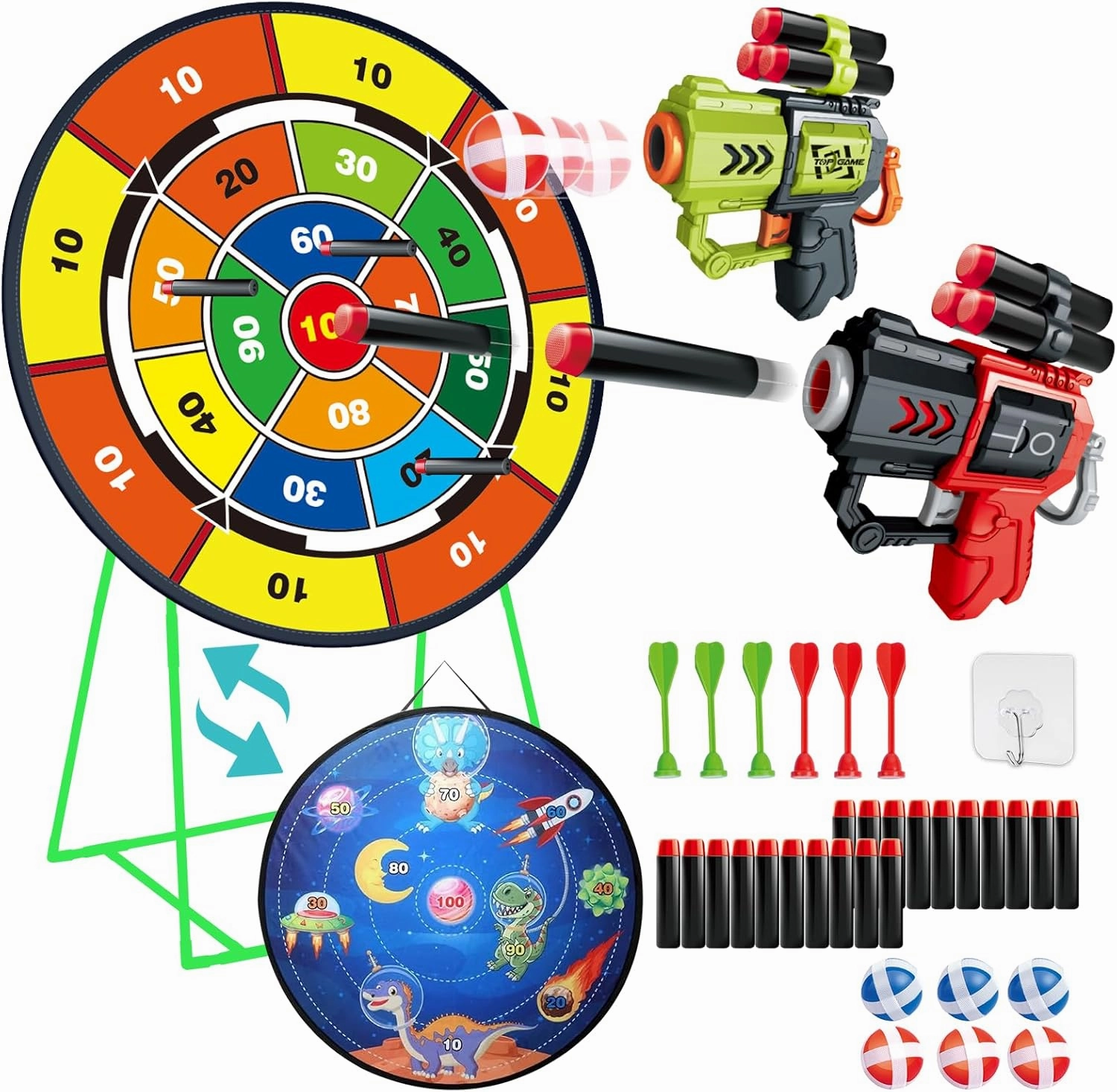 Double-Sided Dart Board Garden Game for Kids, 29 Inch Dartboard Standing & Hanging Shooting Toy Set with 2 Toy Guns, Indoor Outdoor Garden Carnival Party Game Fun for 3 4 5 6 7 8  Year Old Boys Girls
