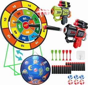 Double-Sided Dart Board Garden Game for Kids, 29 Inch Dartboard Standing & Hanging Shooting Toy Set with 2 Toy Guns, Indoor Outdoor Garden Carnival Party Game Fun for 3 4 5 6 7 8  Year Old Boys Girls