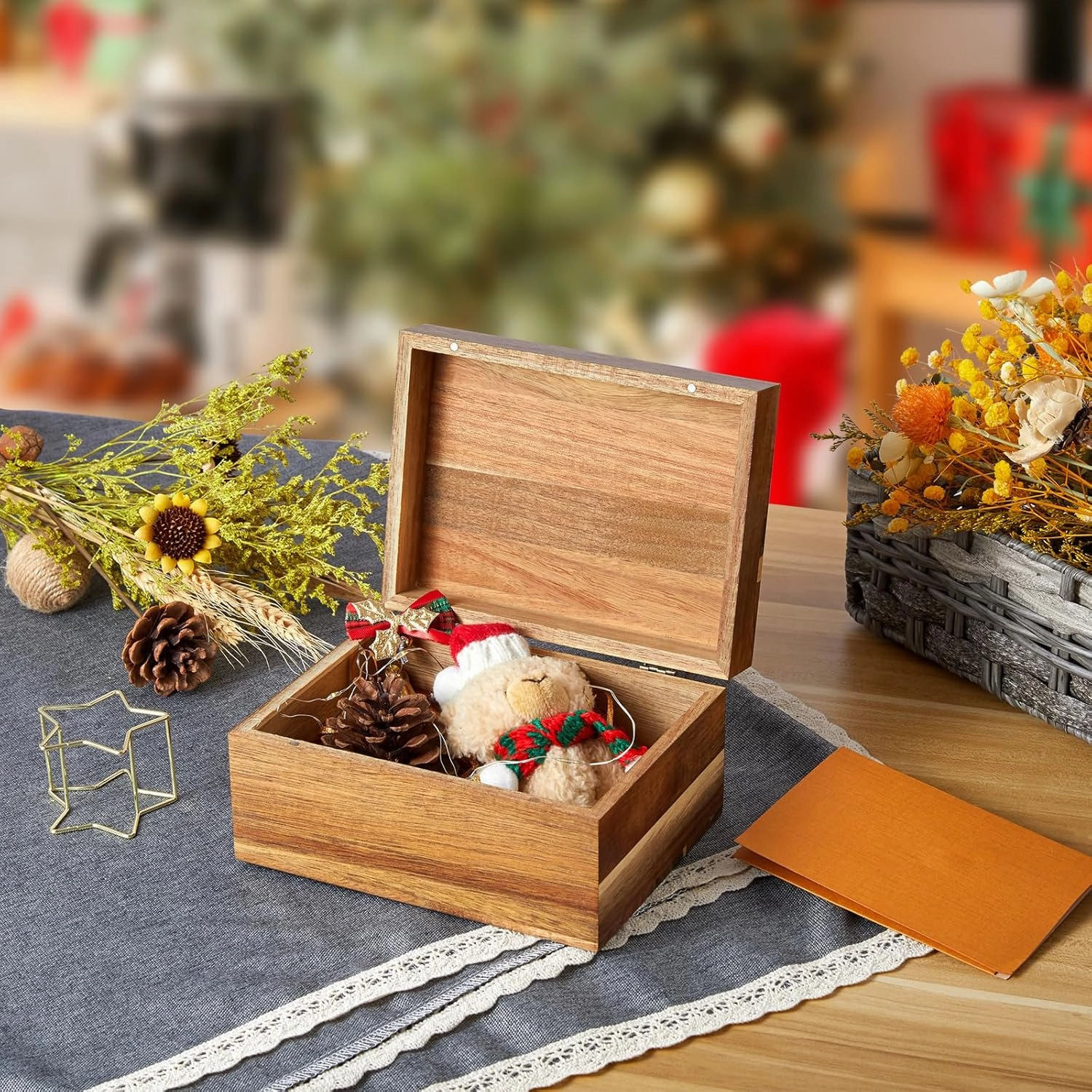 DRASTAR Keepsake Box, Acacia Wood Memory Box with Hinged Lids, Wooden Jewelry Box, Small Storage Box,3x5, 4x6 Decorative Card Box, Bridal Shower Gifts